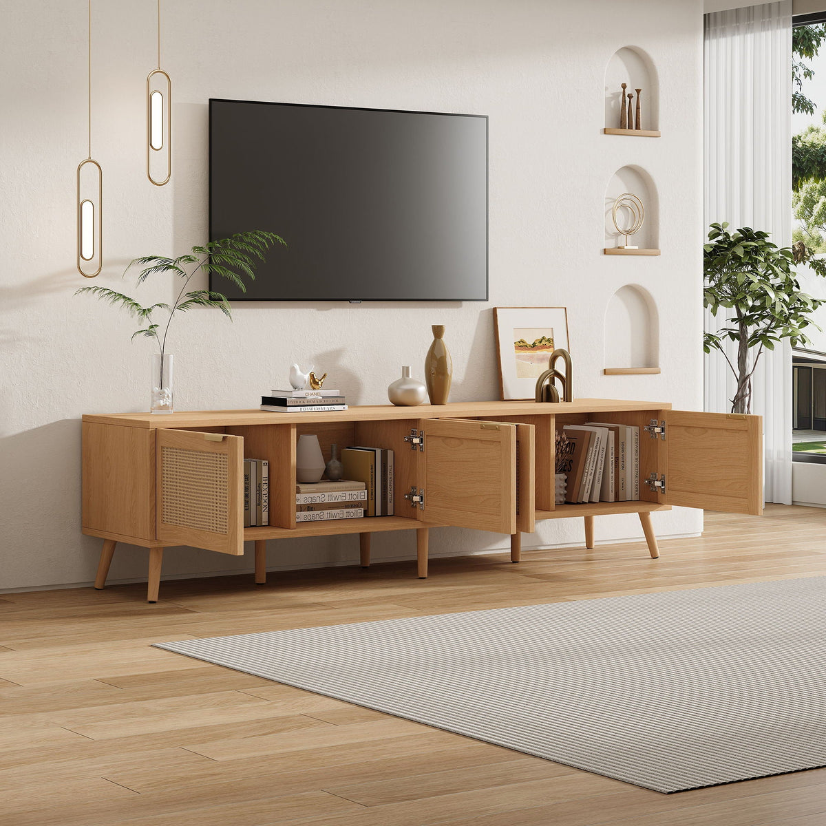 TV Stand With Storage & Cable Holes - Natural Wood Unique Piece Furniture