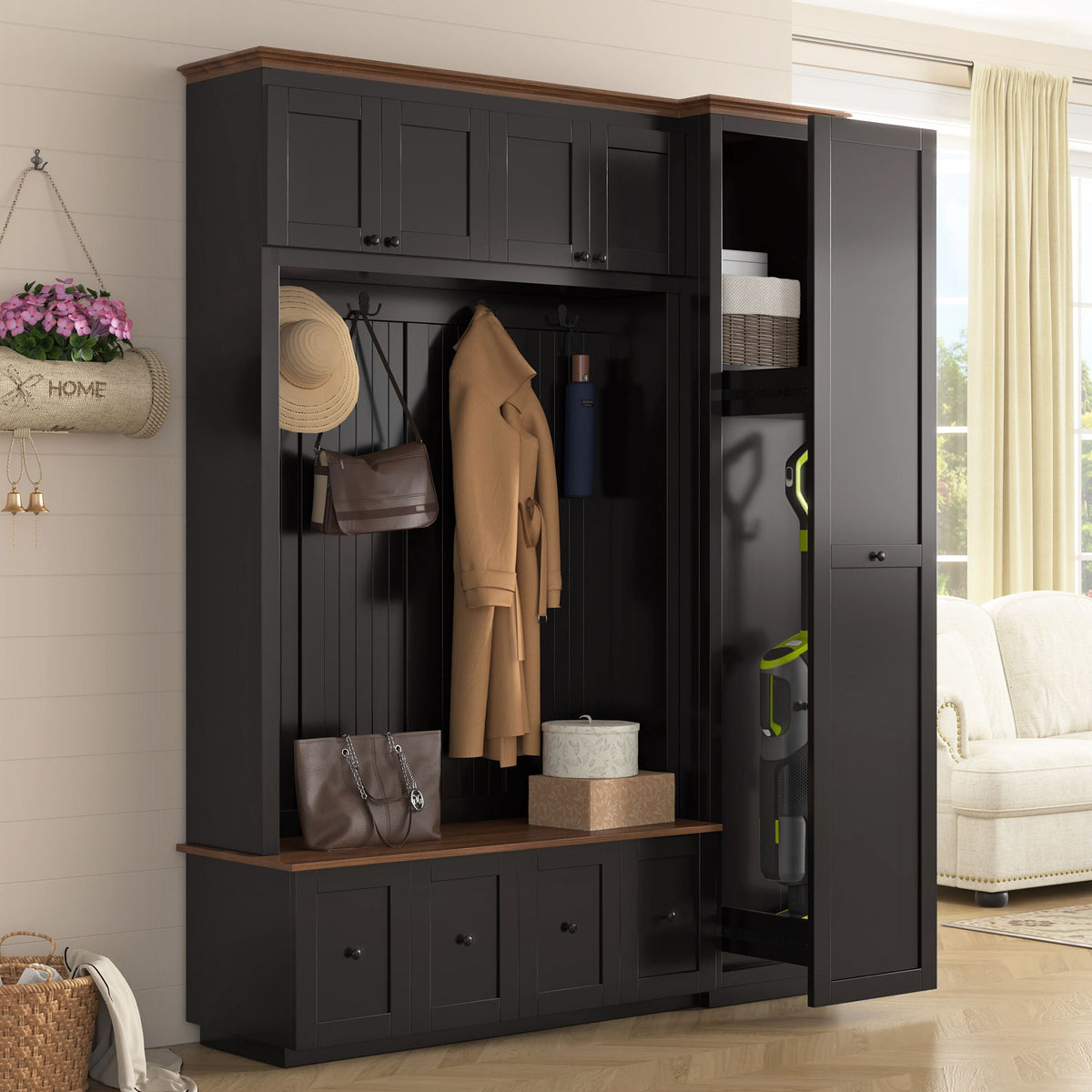 Entryway Hall Tree With Storage Bench, Coat Rack Shoe Bench With Cabinets Unique Piece Furniture
