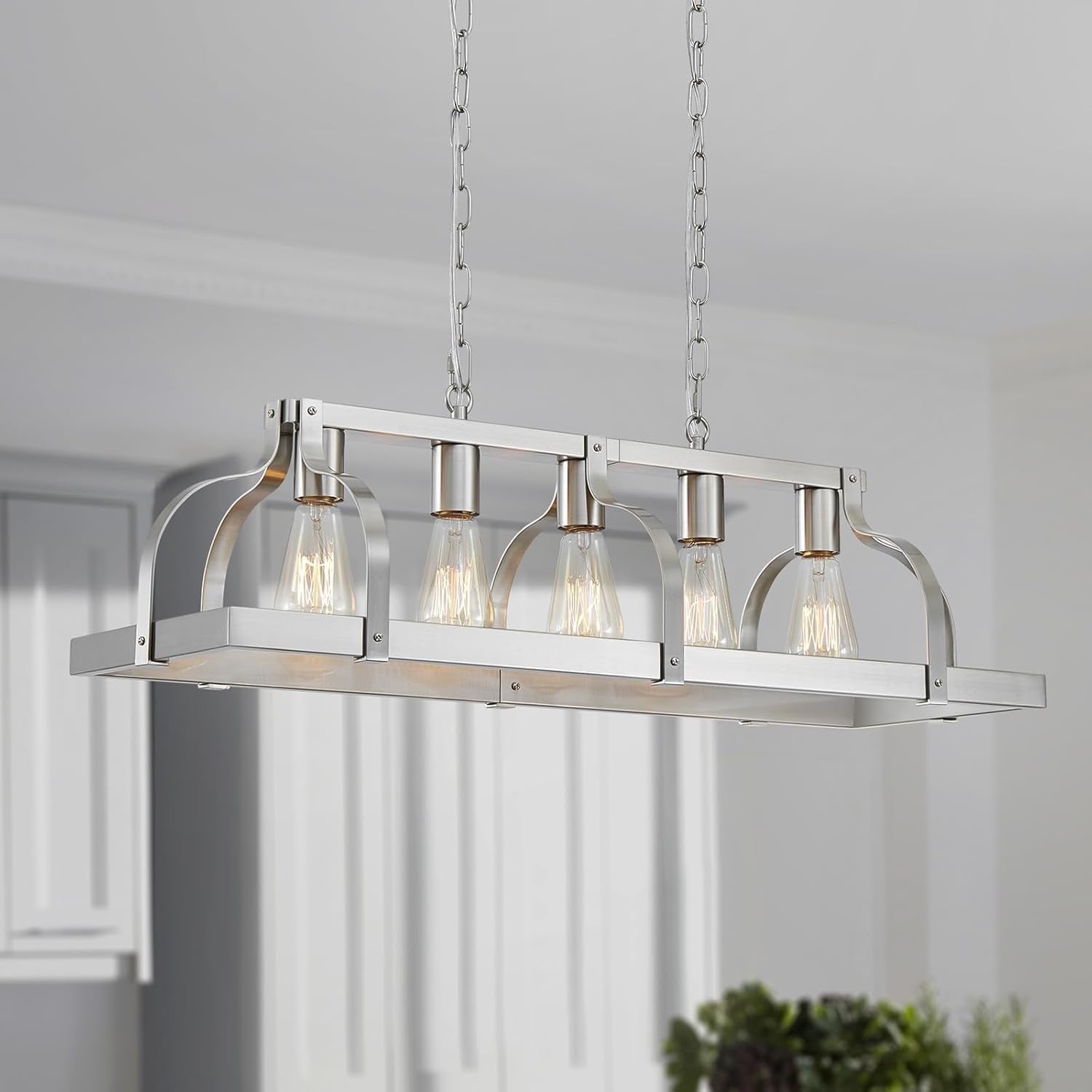 5-Light Metal Linear Chandelier Imitation Wood Grain Farmhouse Decor