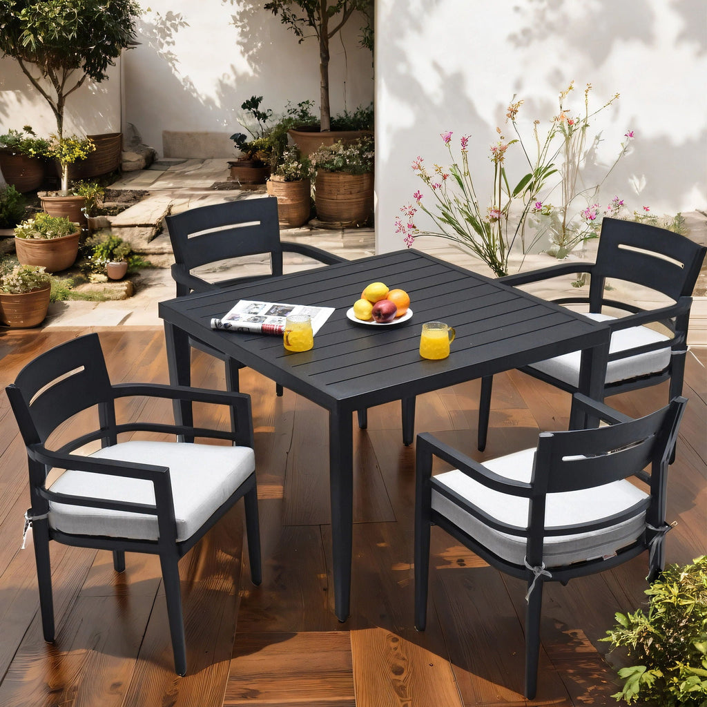 Outdoor Modern Dining Set, Chairs Sunbrella Cushioned And Dining Table With Umbrella Hole Unique Piece Furniture