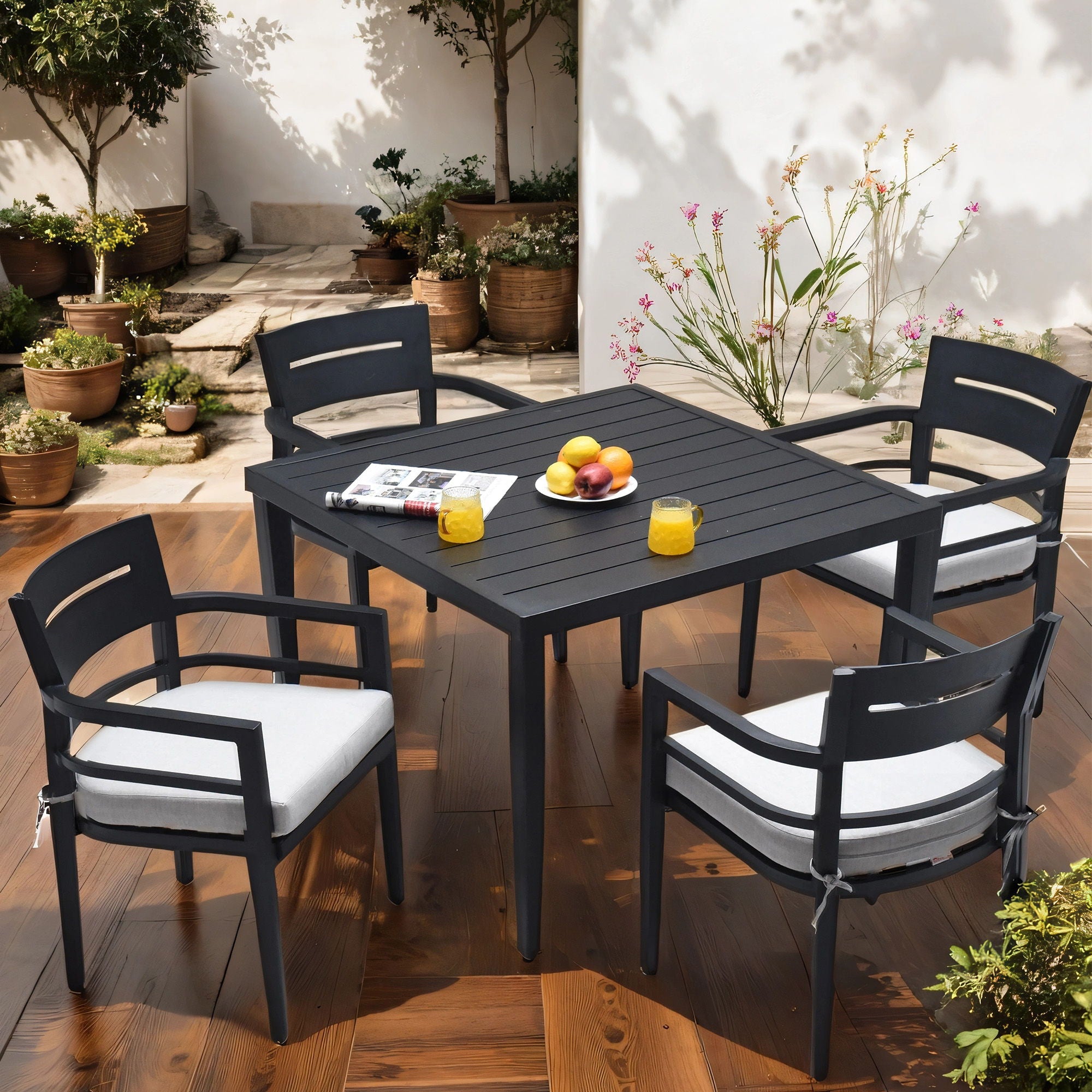 Outdoor Modern Dining Set, Chairs Sunbrella Cushioned And Dining Table With Umbrella Hole Unique Piece Furniture