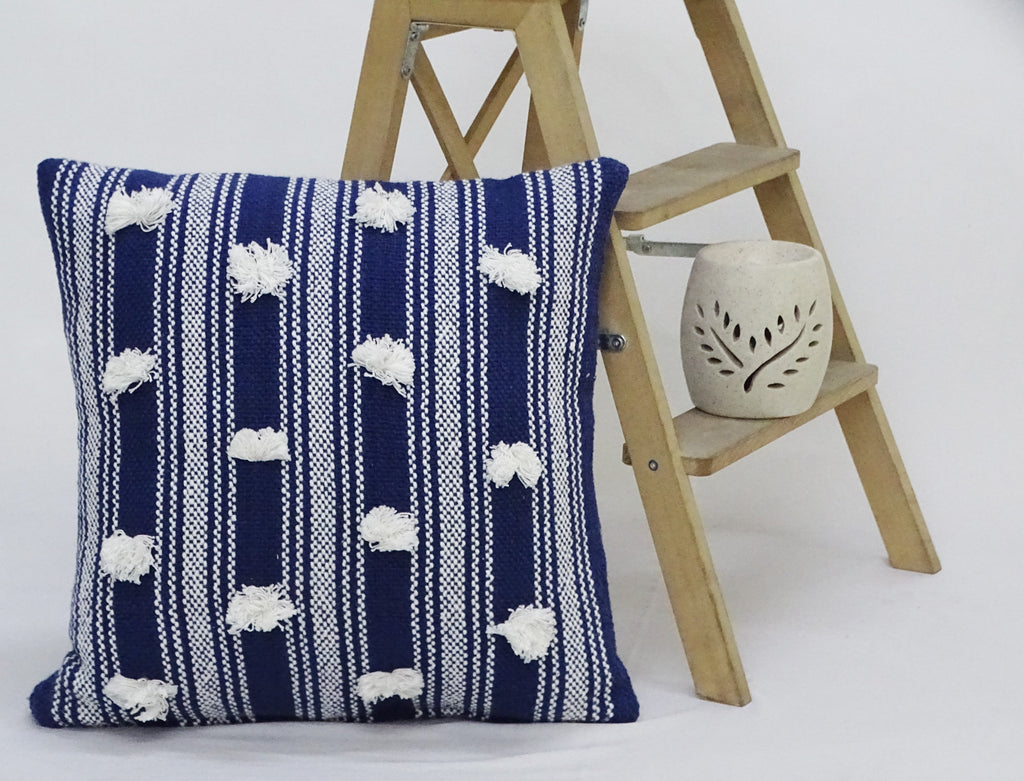 Blue 20" X 20" Decorative Throw Pillow with Pom Pom Vibhsa
