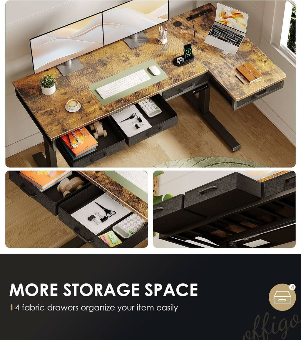 Sixty Three Inch L Shaped Electric Height Adjustable Desk Drawers ShipItFurniture