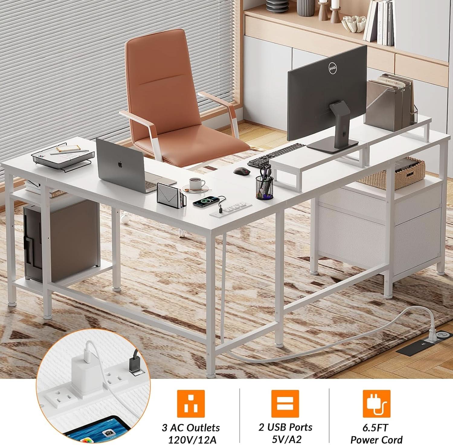 White Fifty Nine Inch L Shaped Desk With Power Outlets ShipItFurniture