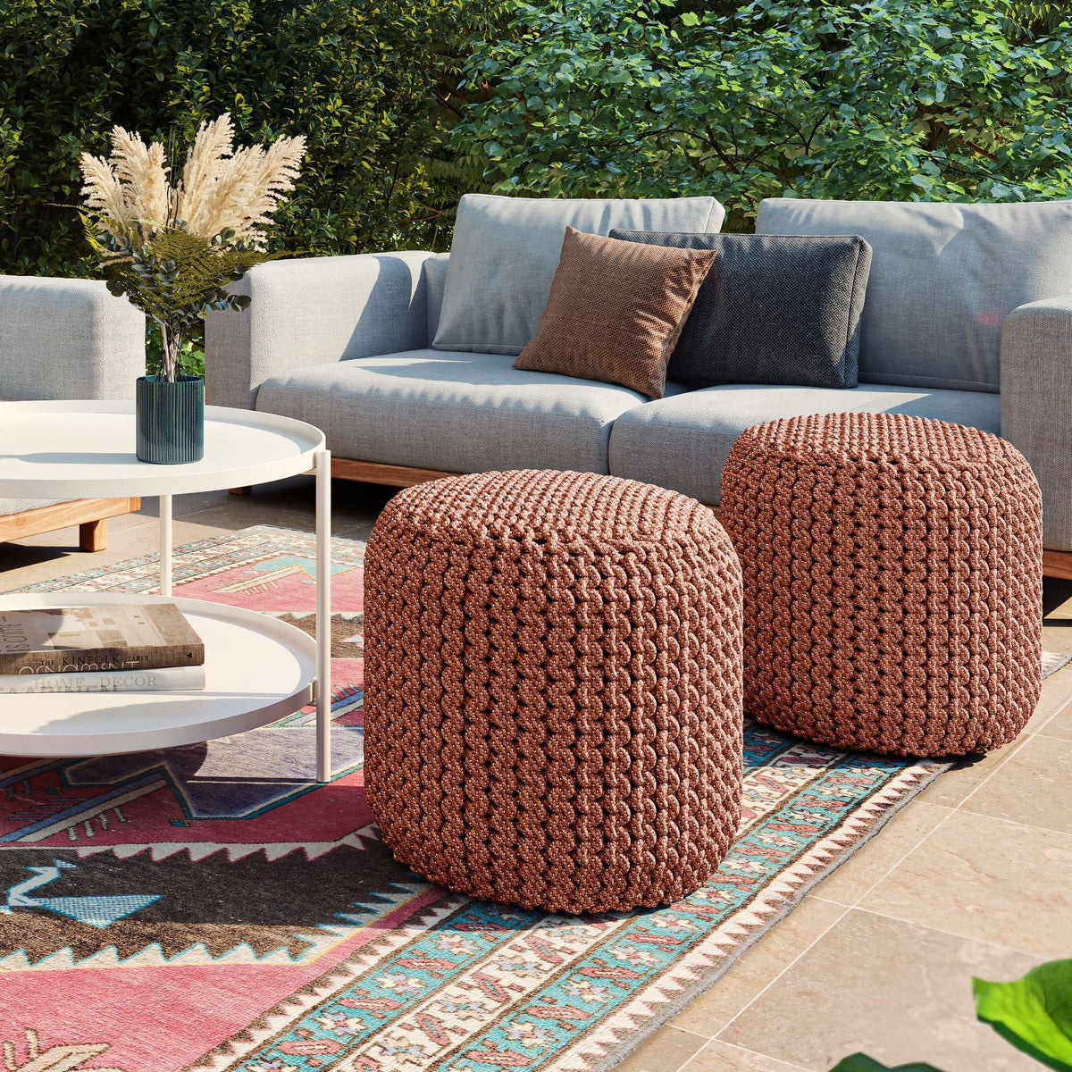 Wynne - Round Knitted Outdoor / Indoor Pouf - Orange Unique Piece Furniture