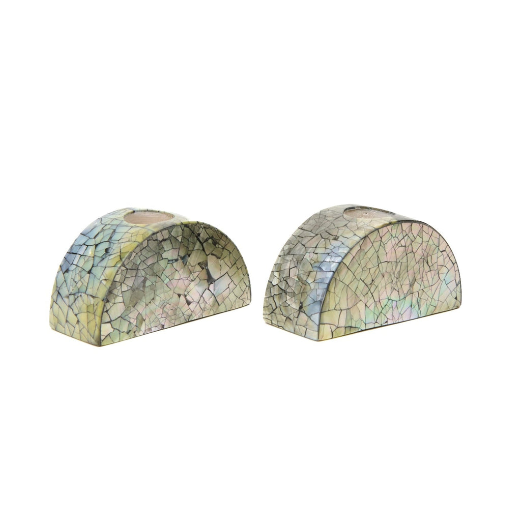 Half Moon Mother Of Pearl Candle Holders Seafoam, Set of 2