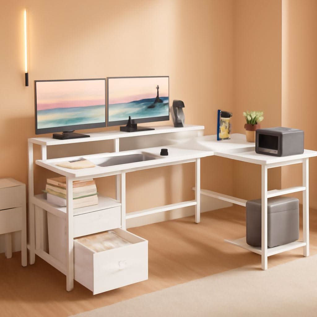White Fifty Nine Inch L Shaped Desk With Power Outlets ShipItFurniture