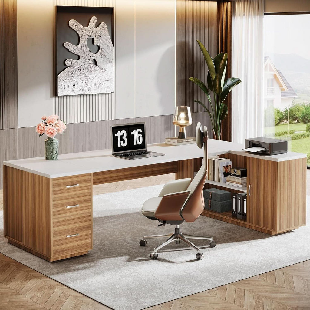 85 Point 8 Inch L-Shaped Executive Desk White Walnut Storage Cabinet ShipItFurniture