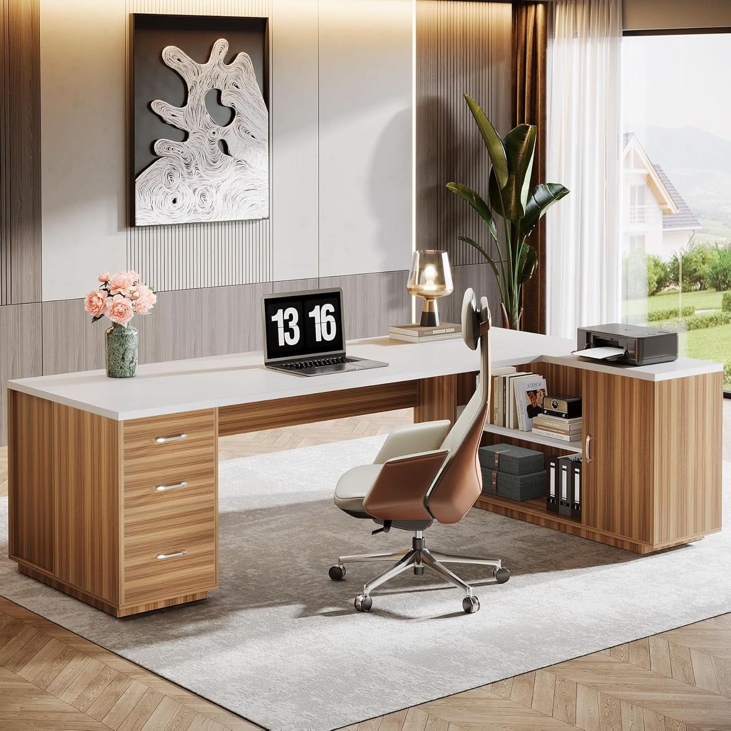 85 Point 8 Inch L-Shaped Executive Desk White Walnut Storage Cabinet ShipItFurniture