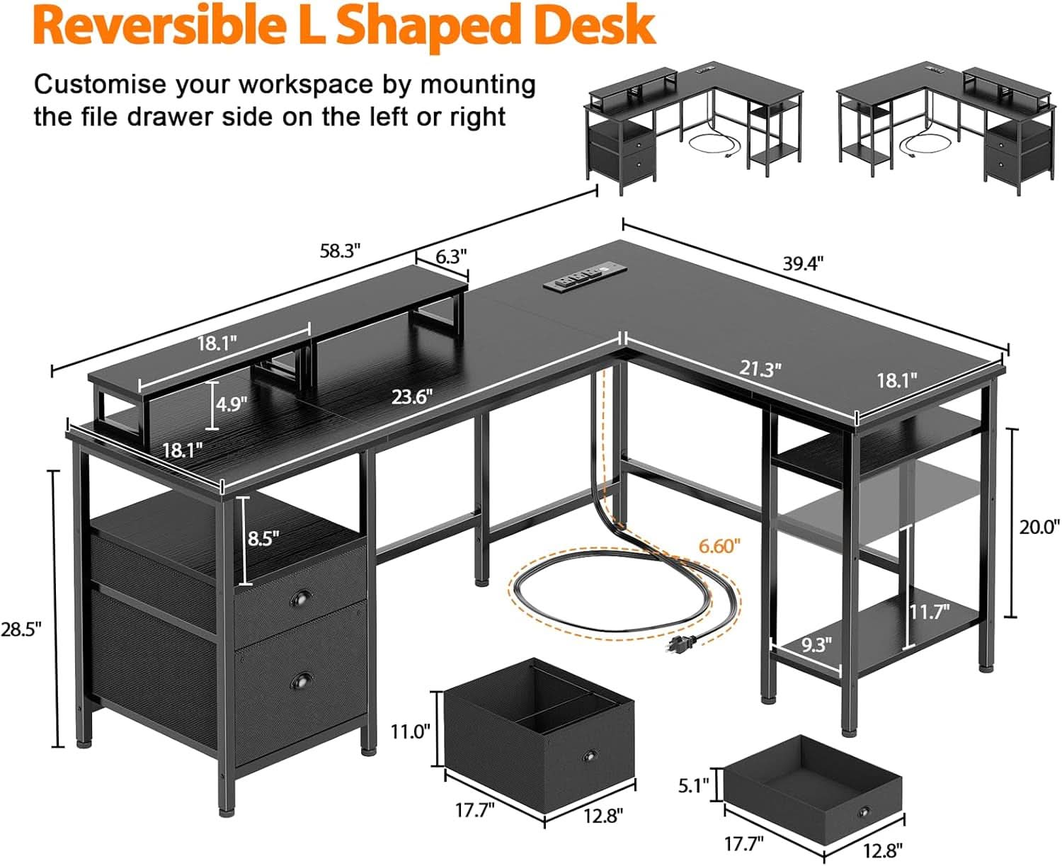Fifty Nine Inch L Shaped Desk With Black Storage Drawers Unit ShipItFurniture