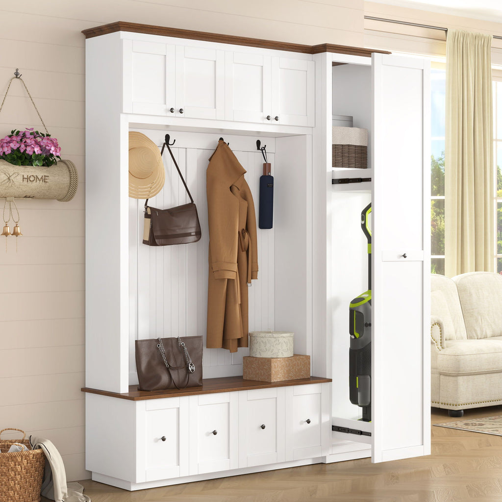 Entryway Hall Tree With Storage Bench, Coat Rack Shoe Bench With Cabinets Unique Piece Furniture