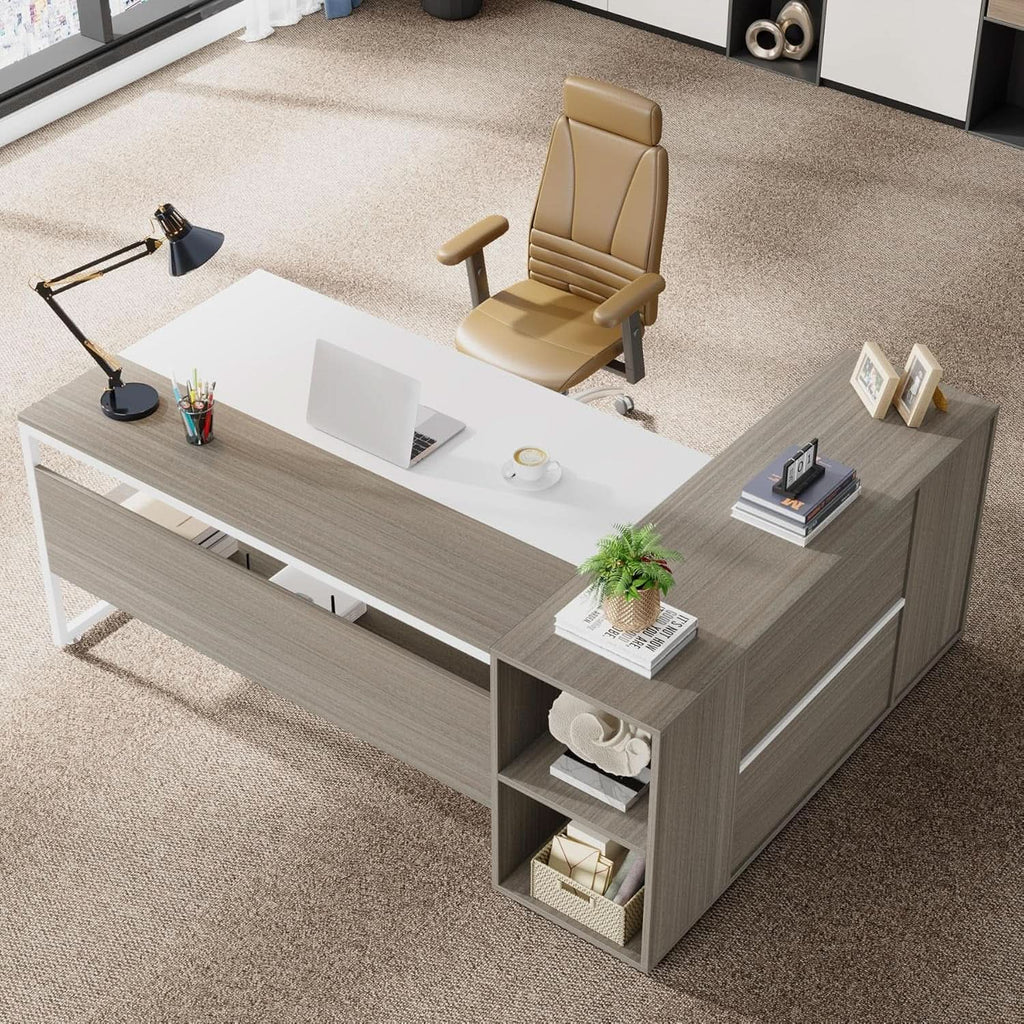 71 Inch Executive L Shaped Desk Cabinets Gray And White ShipItFurniture