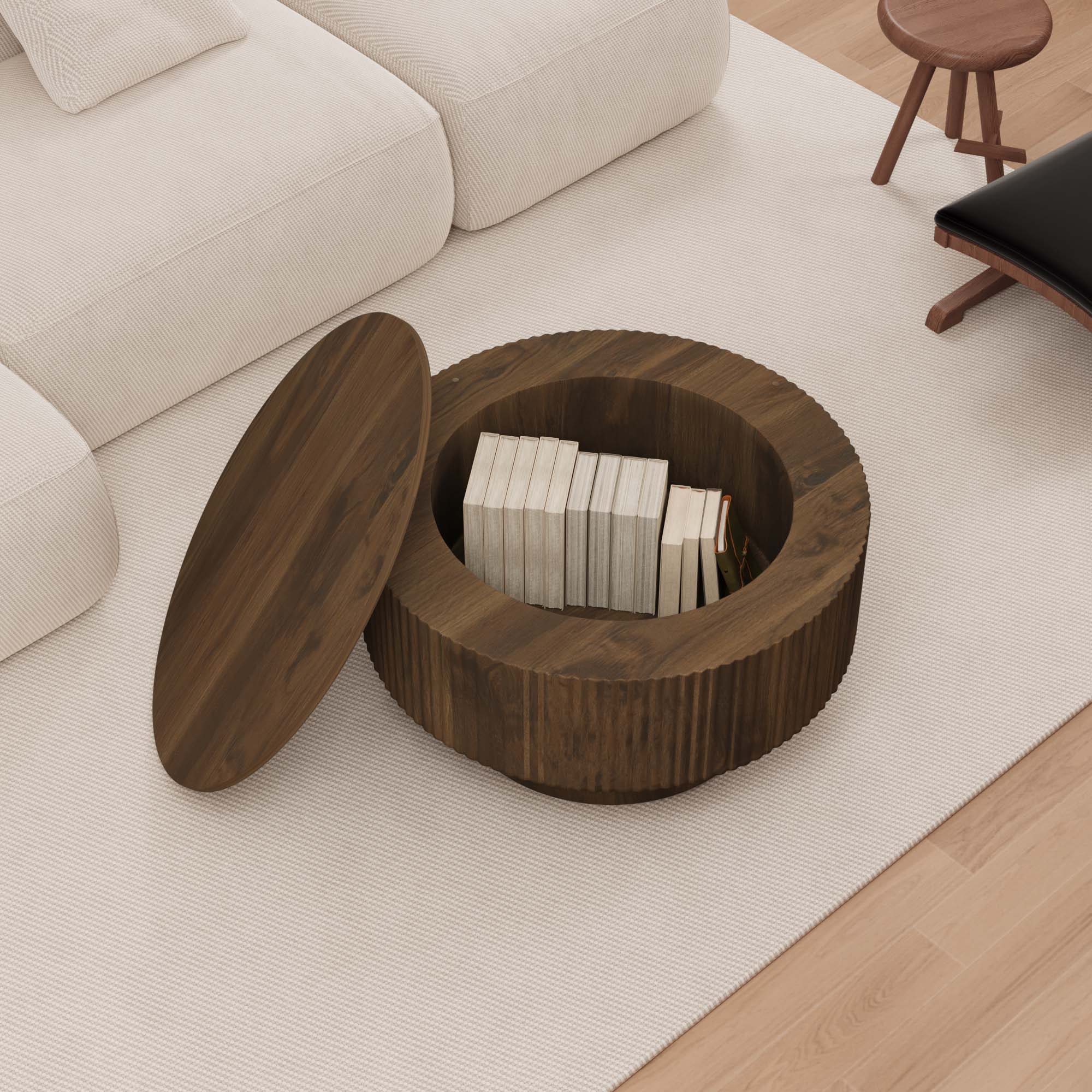 Modern Circular Coffee Table With Stripe Design And Storage Space Unique Piece Furniture