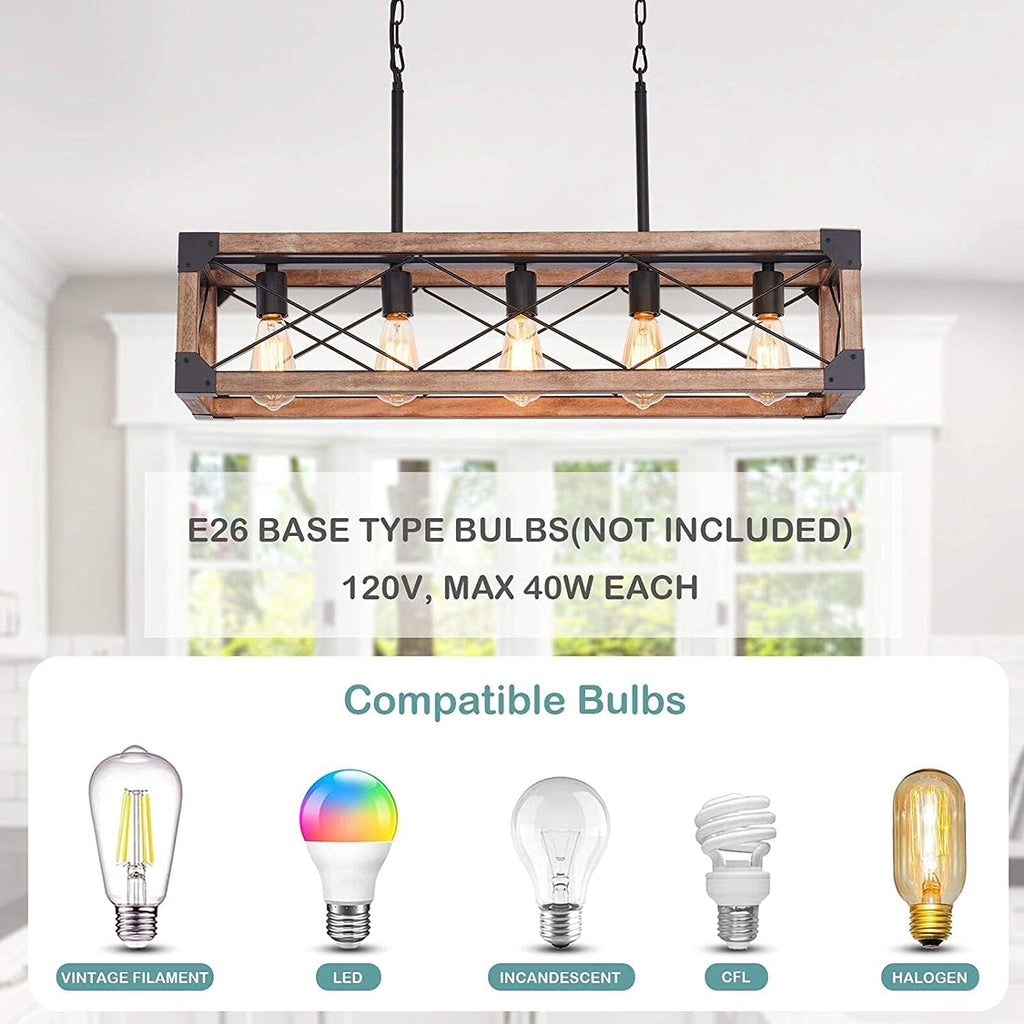 5 Lights Farmhouse Wood Linear Chandelier Farmhouse Decor