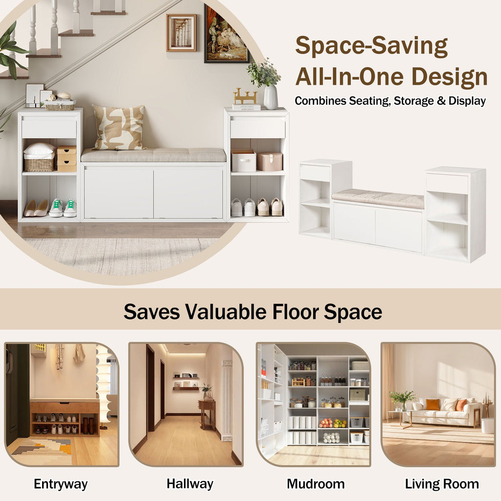 Entryway Storage Bench With Cushion, Drawers & Open Shelves Unique Piece Furniture