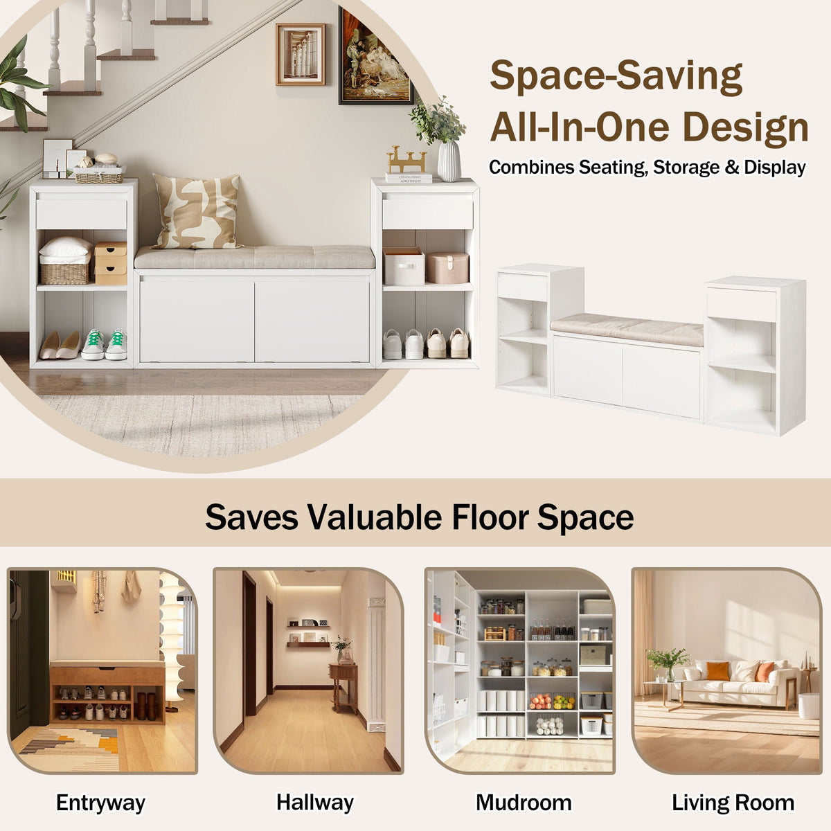 Entryway Storage Bench With Cushion, Drawers & Open Shelves Unique Piece Furniture