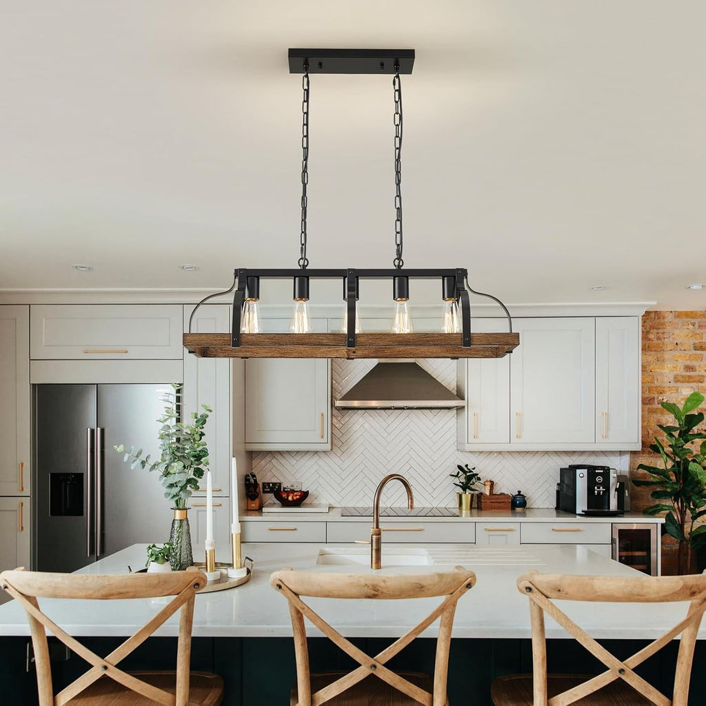 5-Light Metal Linear Chandelier Imitation Wood Grain Farmhouse Decor