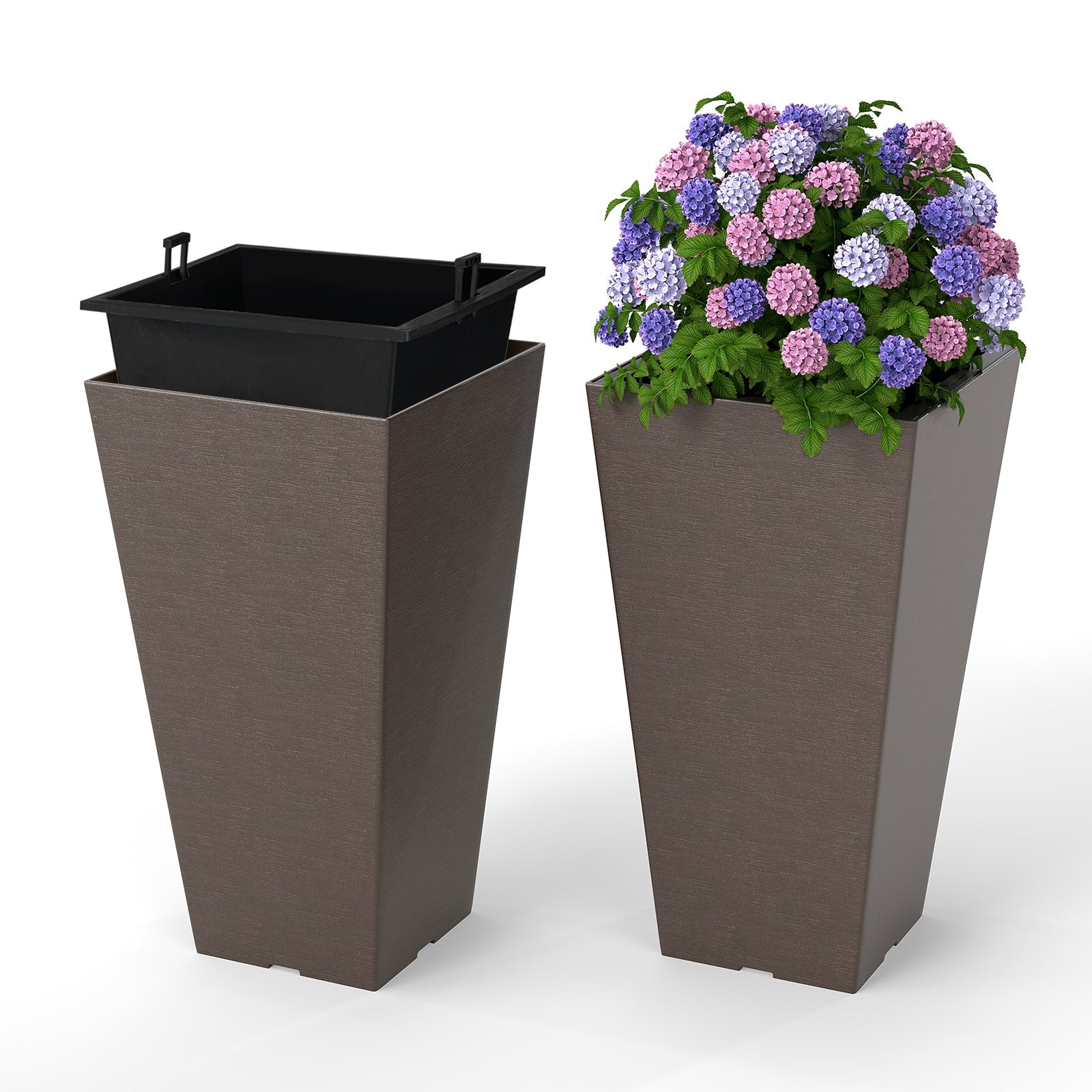 Set of 2 Square Taper Planter with Removable Inner Bucket and Optional Drainage Hole DirectDeals