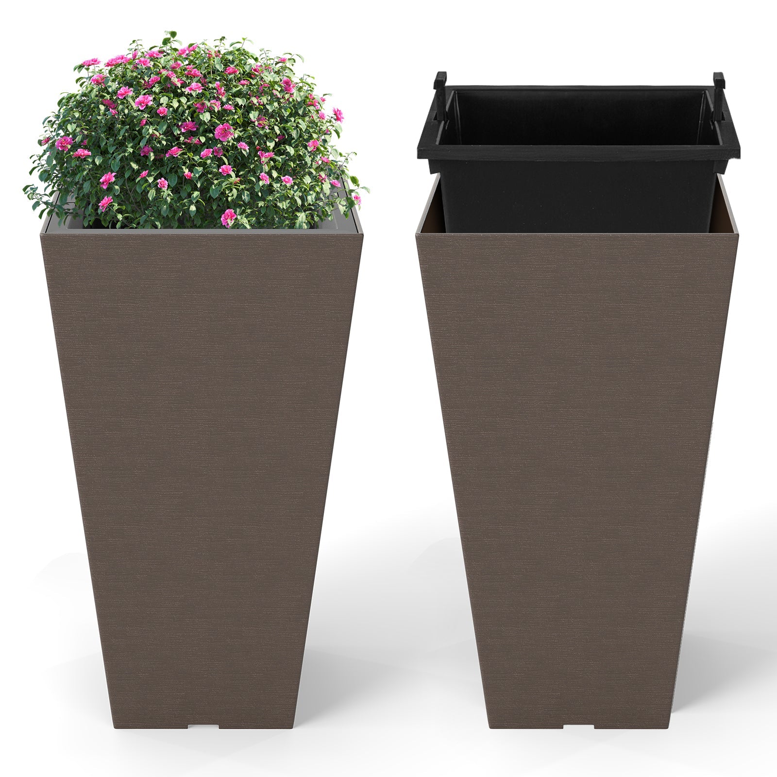 Set of 2 Square Taper Planter with Removable Inner Bucket and Optional Drainage Hole DirectDeals