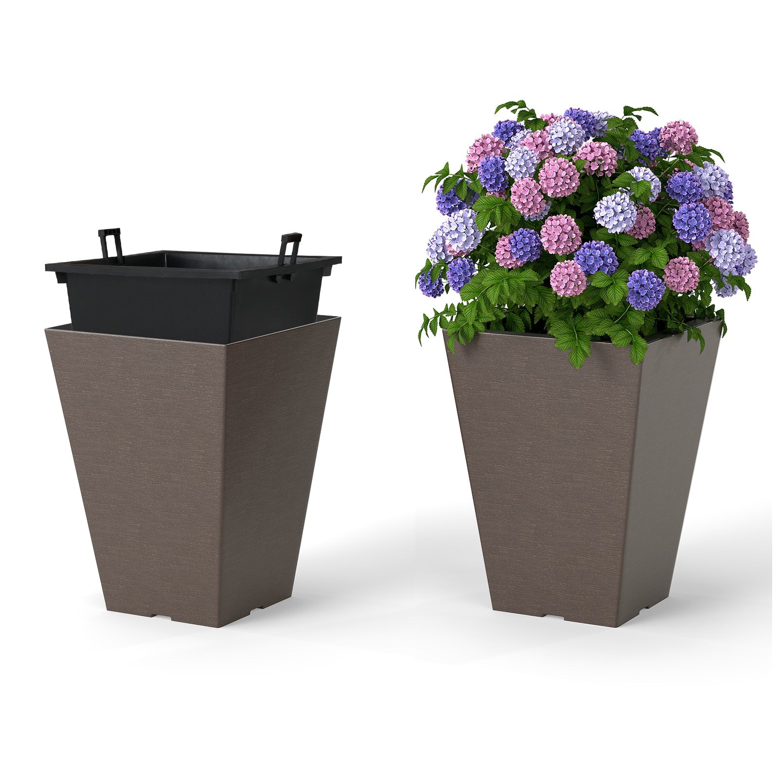 Set of 2 Square Taper Planter with Removable Inner Bucket and Optional Drainage Hole DirectDeals