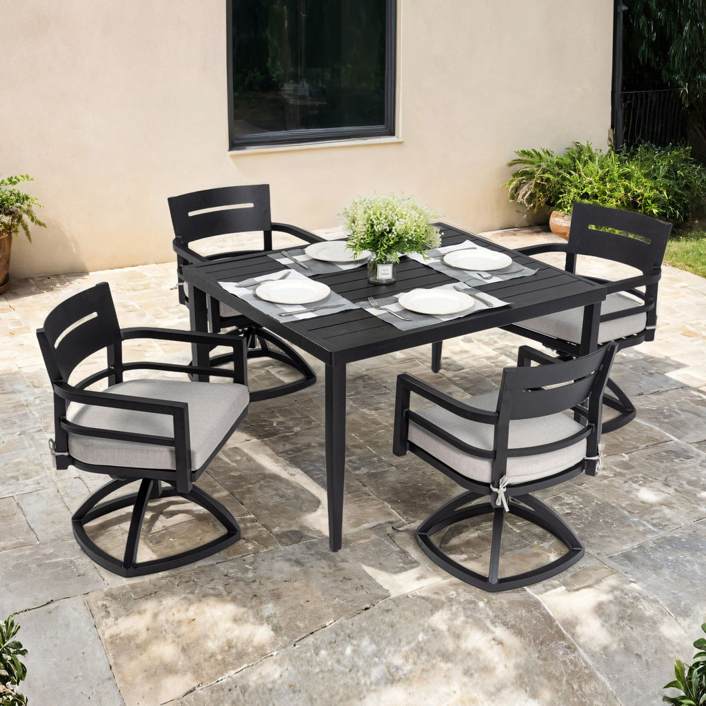 Outdoor Modern Dining Set, Chairs Sunbrella Cushioned And Dining Table With Umbrella Hole Unique Piece Furniture