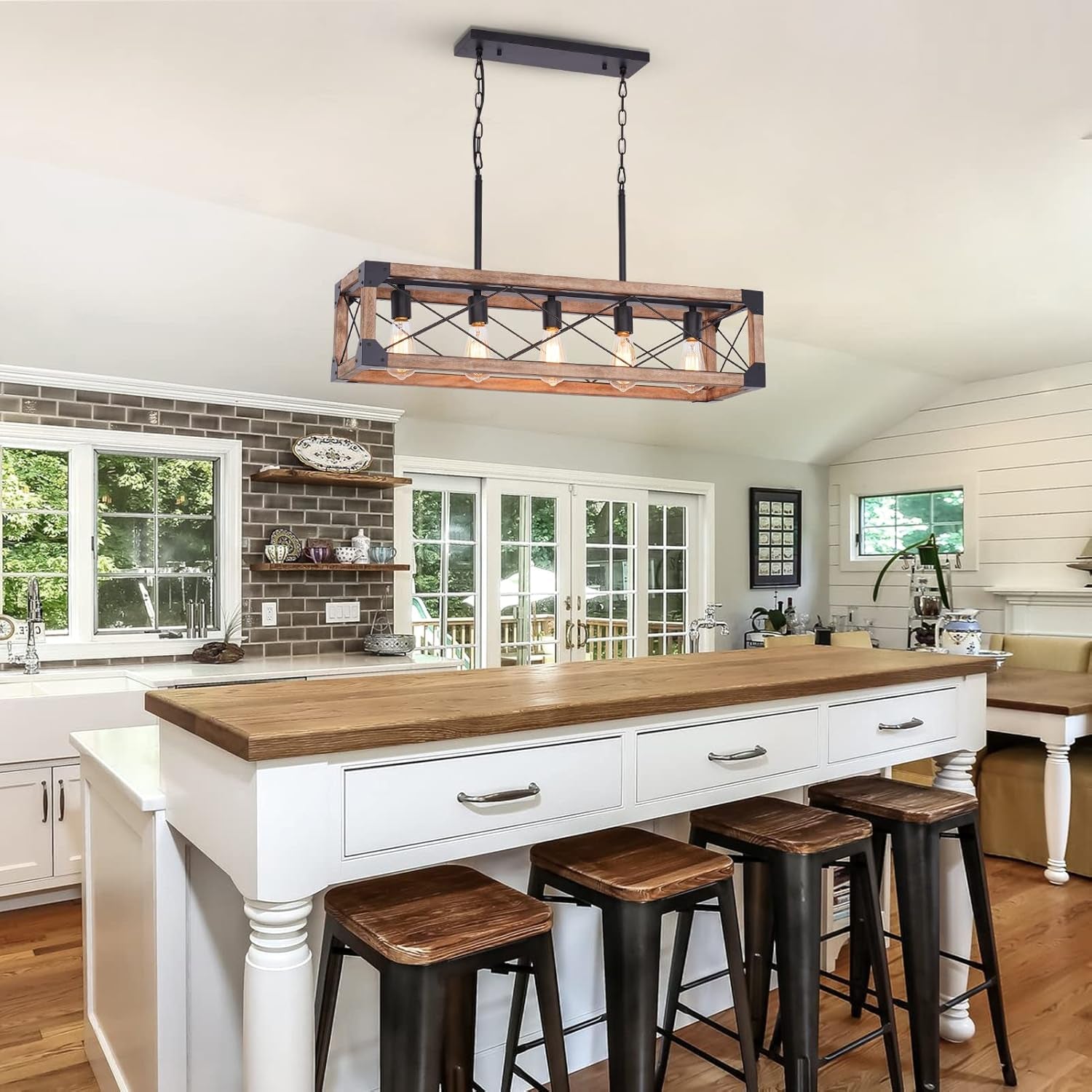 Farmhouse 5-Light Linear Chandelier with Solid Wood Farmhouse Decor