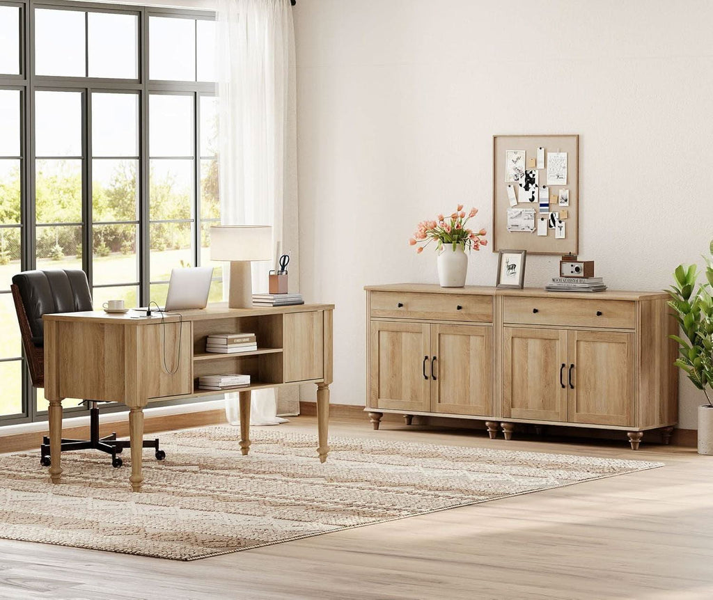 56 Inch Oak Executive Desk With Integrated Charging System ShipItFurniture