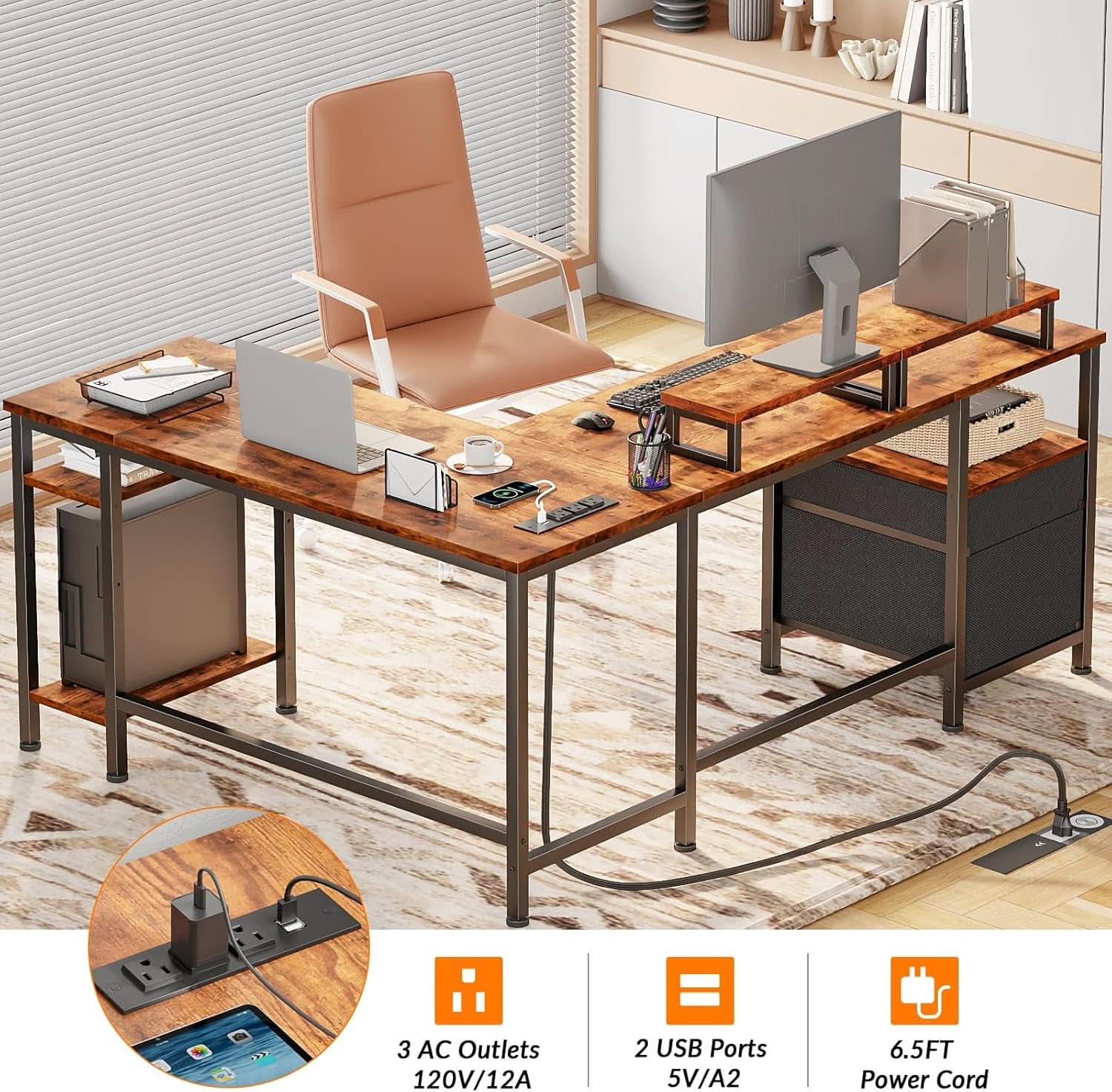 Fifty Nine Inch L Shaped Desk With Power Outlet And Storage Shelves ShipItFurniture