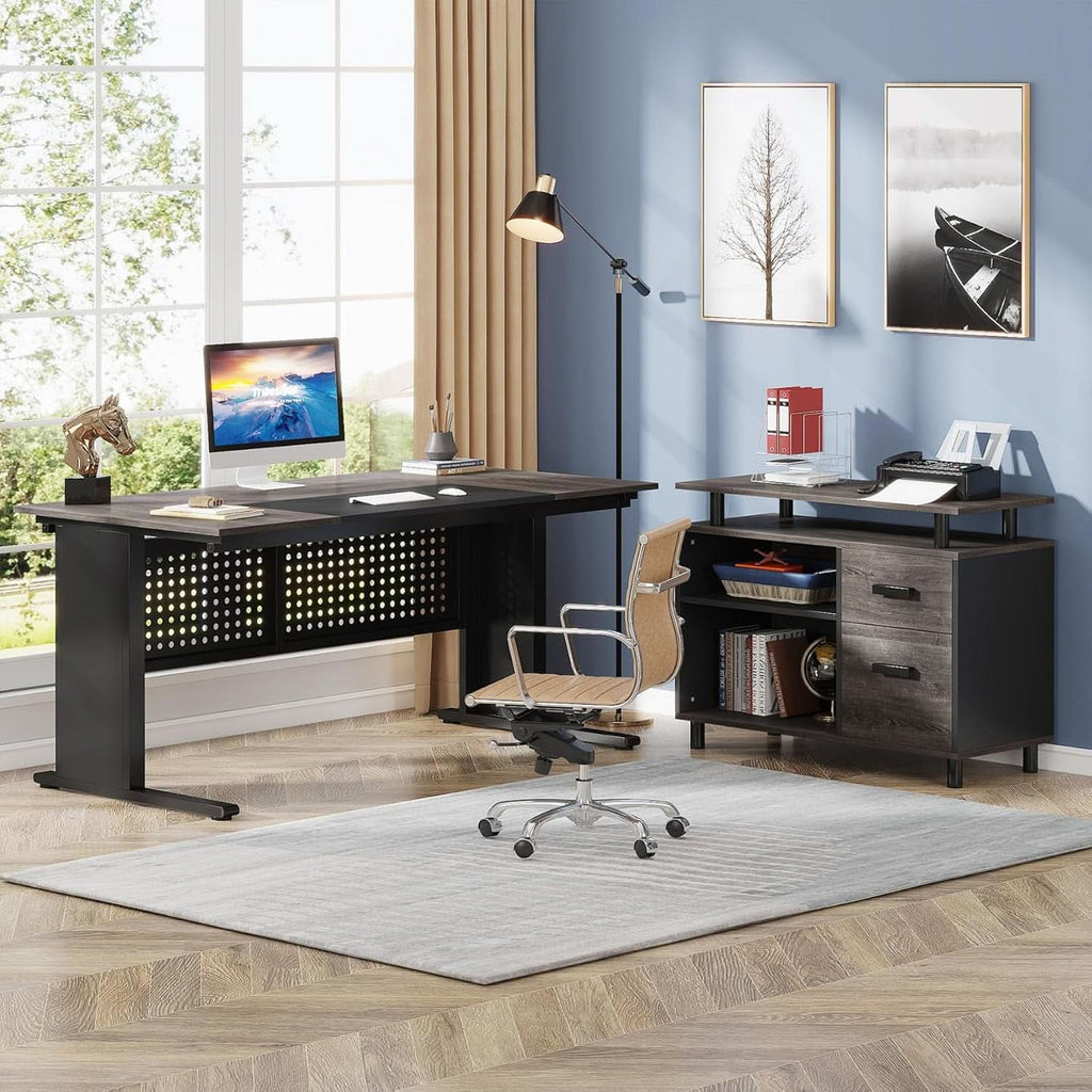 63 Inch Executive Desk With Integrated Cabinet Gray ShipItFurniture