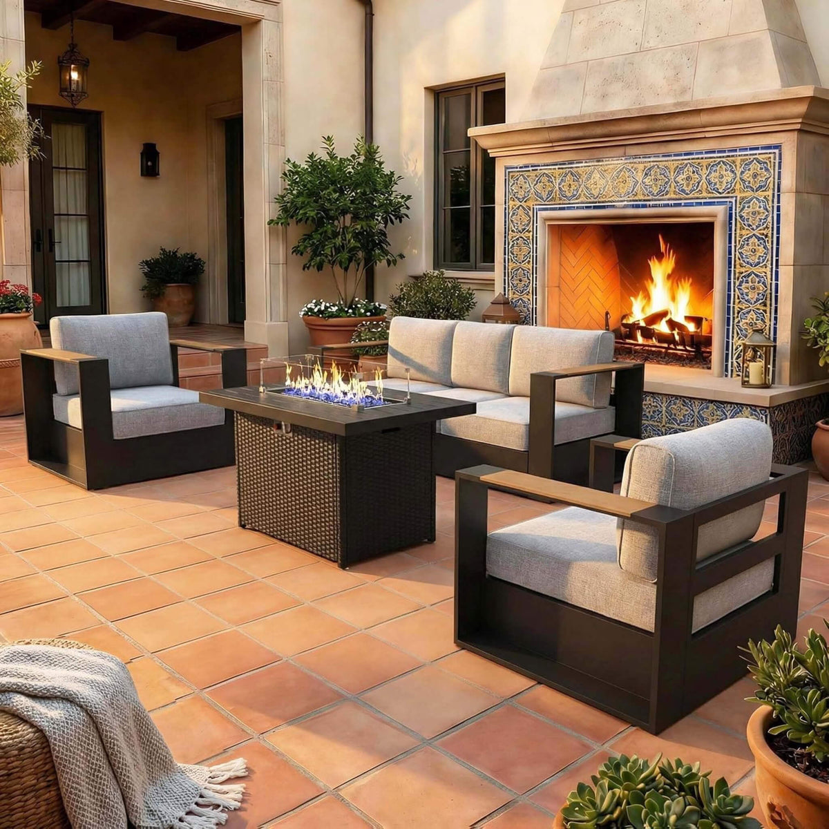 4-Piece Aluminum Patio Furniture Set With 55K BTU Fire Pit Table (SAK23471) SAKSBY WHOLESALE
