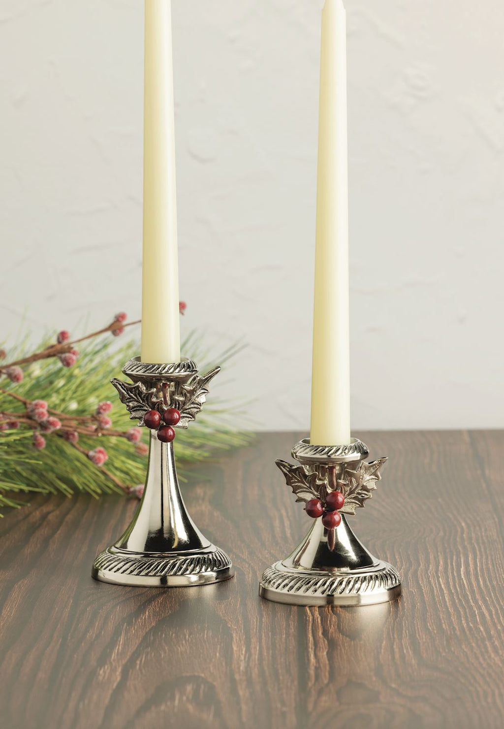 Holly Leaf & Berry Metal Candlesticks | 2 Sizes Rust & Cinder