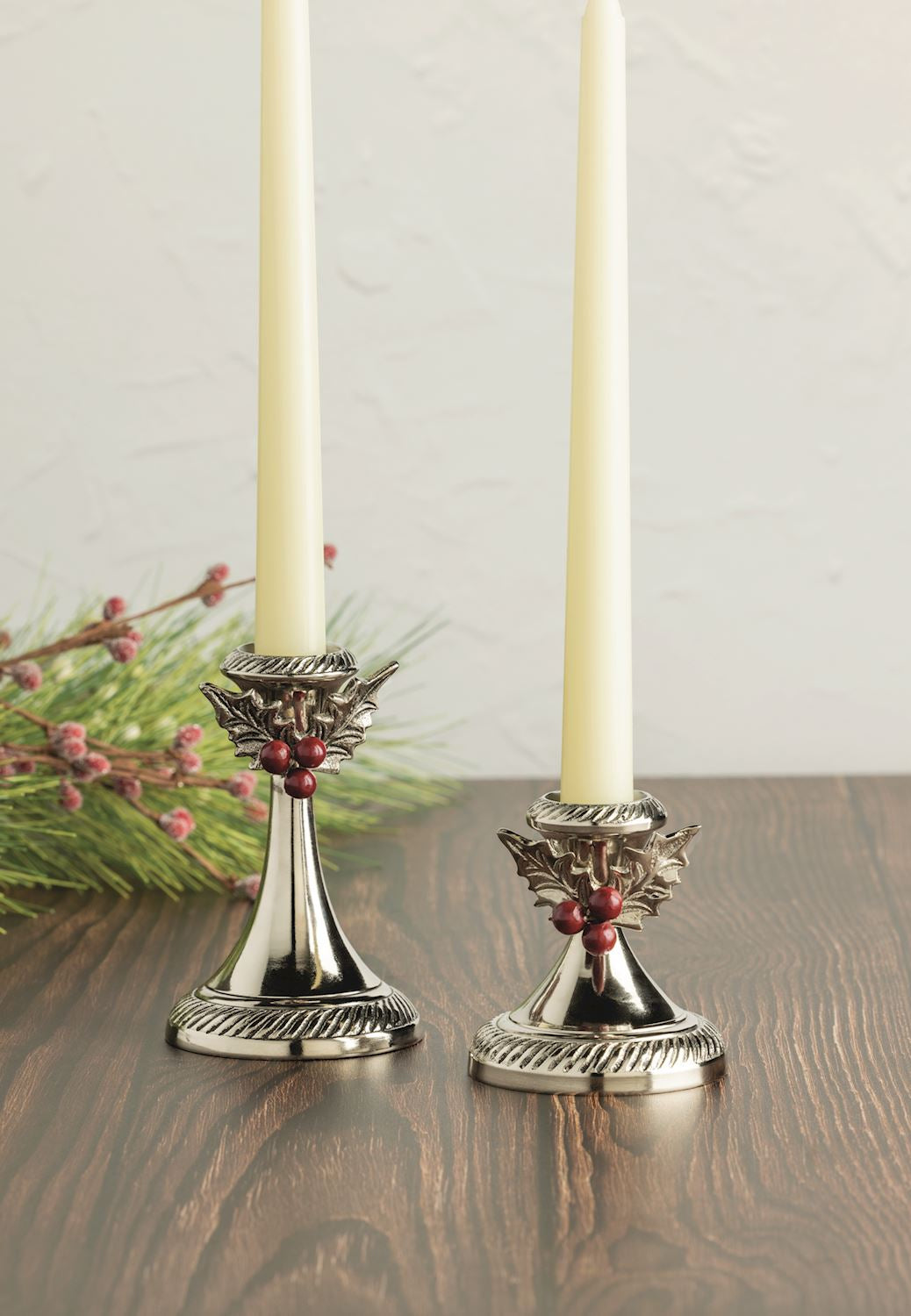 Holly Leaf & Berry Metal Candlesticks | 2 Sizes Rust & Cinder