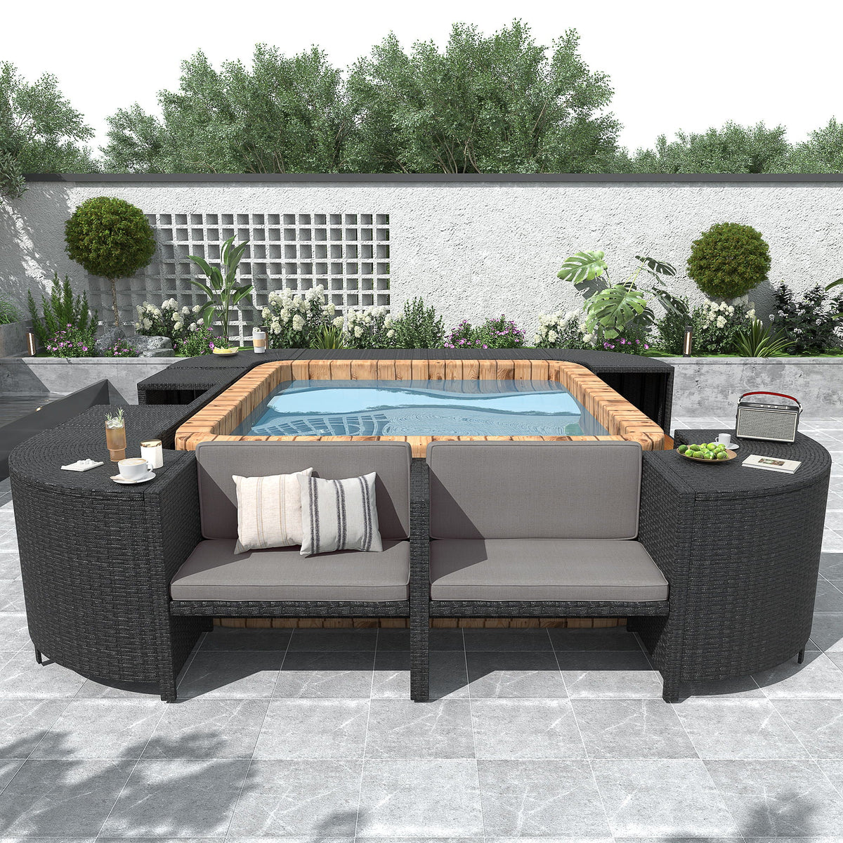 Spa Surround Spa Frame Quadrilateral Outdoor Rattan Sectional Sofa Set With Mini Sofa, Wooden Seats And Storage Spaces Unique Piece Furniture