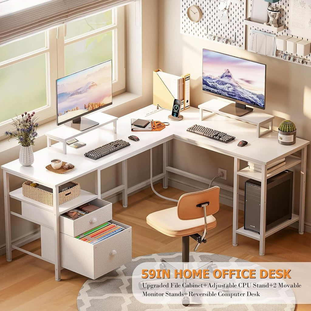 White Fifty Nine Inch L Shaped Desk With Power Outlets ShipItFurniture