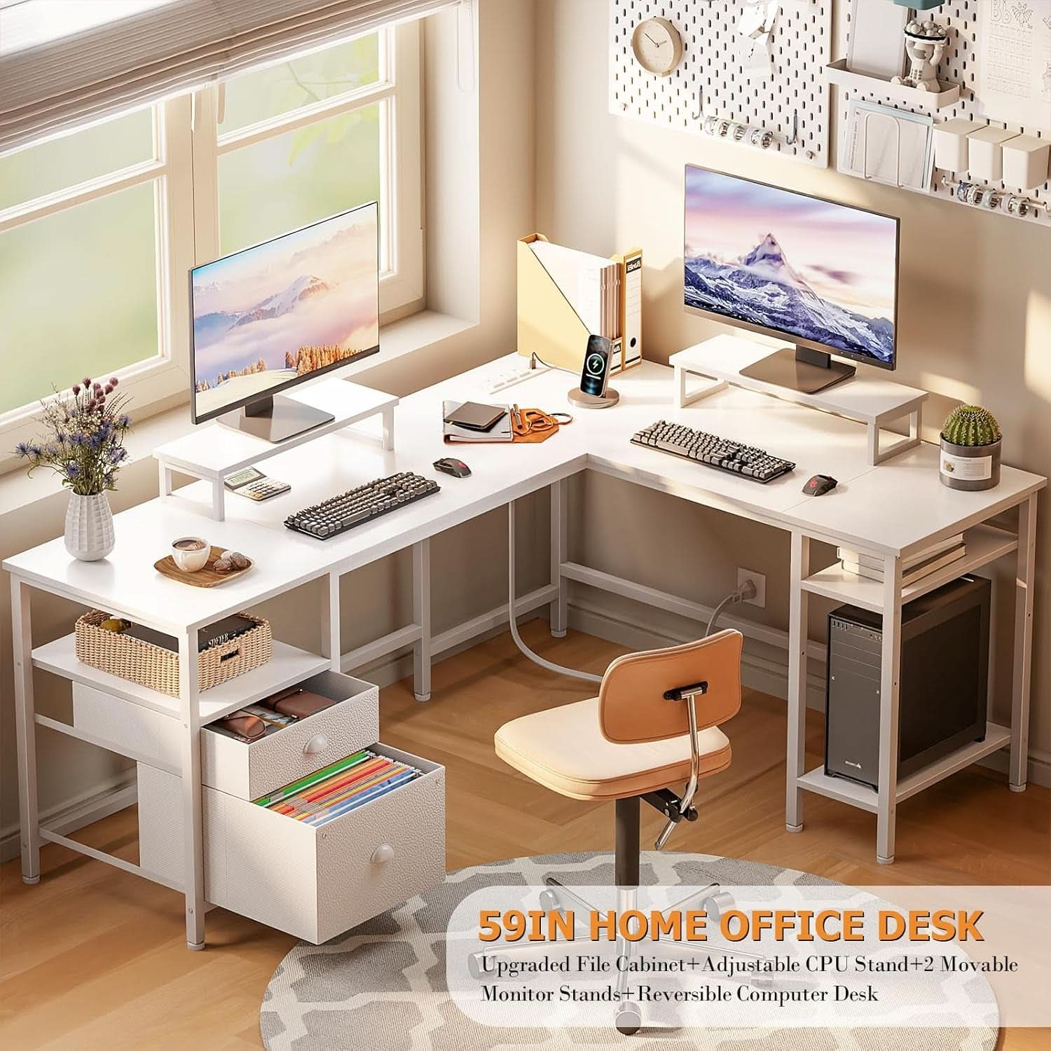 White Fifty Nine Inch L Shaped Desk With Power Outlets ShipItFurniture