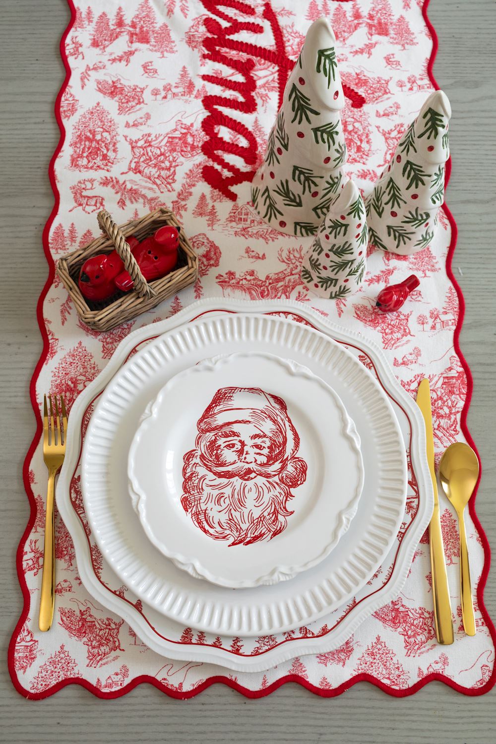 Red Santa Face Toile Dessert Plate Rust & Cinder