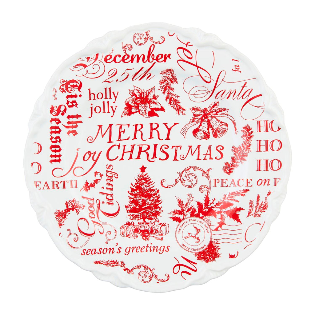 Red Toile Word Print Christmas Stoneware Dessert Plate Rust & Cinder