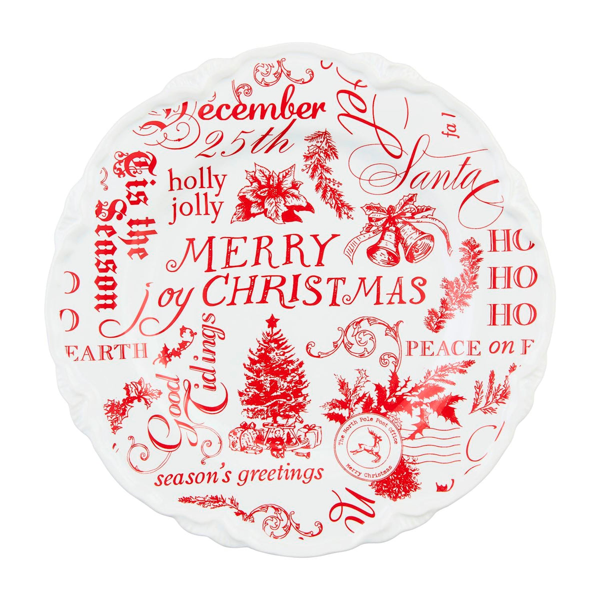 Red Toile Word Print Christmas Stoneware Dessert Plate Rust & Cinder