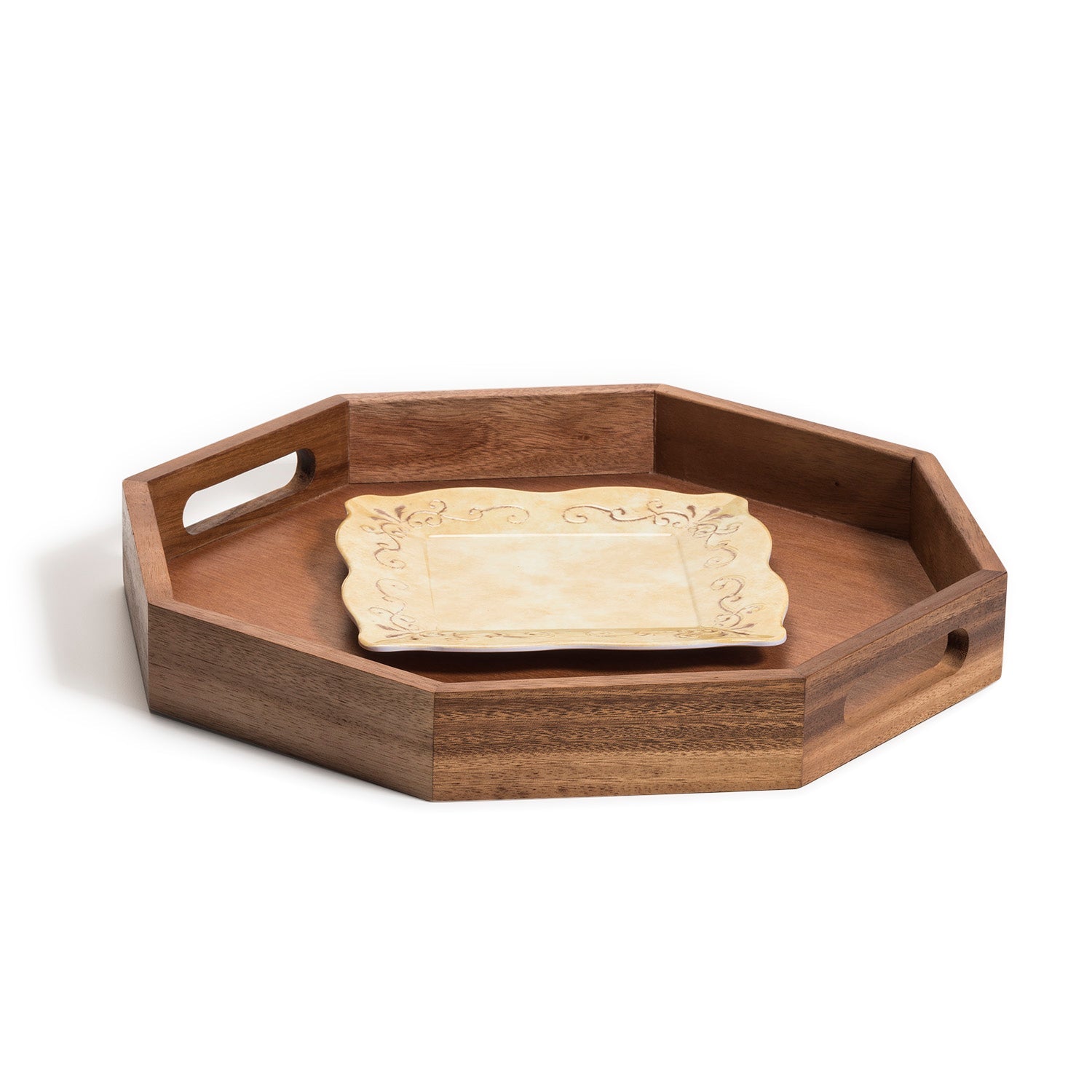 Acacia Wood Octagon Serving Tray –  Rustic Wooden Tray for Coffee Table, Kitchen or Home Decor