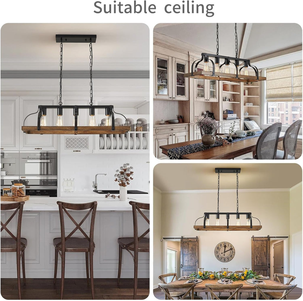 5-Light Metal Linear Chandelier Imitation Wood Grain Farmhouse Decor