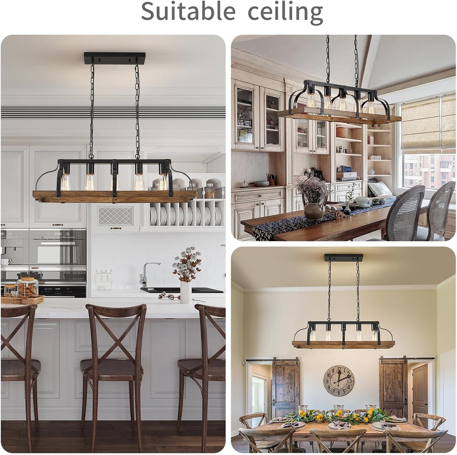 5-Light Metal Linear Chandelier Imitation Wood Grain Farmhouse Decor