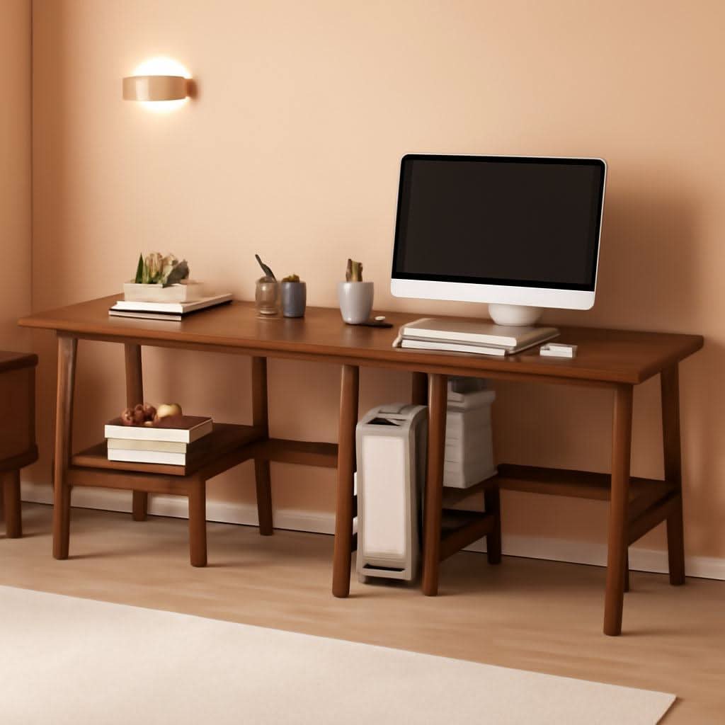 Two Person Desk Walnut 79 Inch Extended Workstation Shelves ShipItFurniture