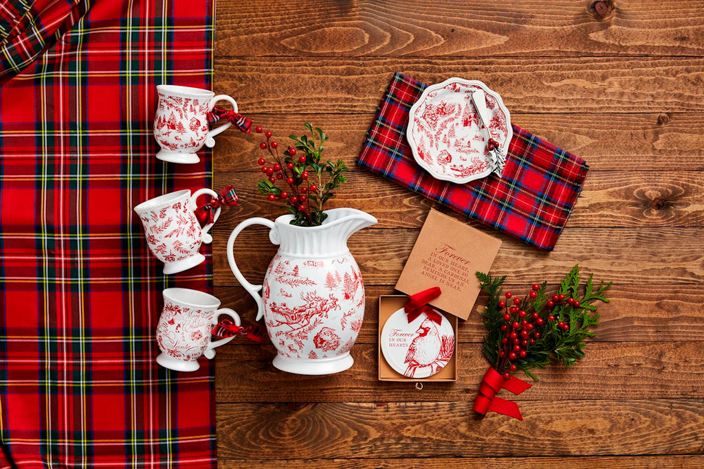 Red Toile Christmas Ceramic Mugs Rust & Cinder