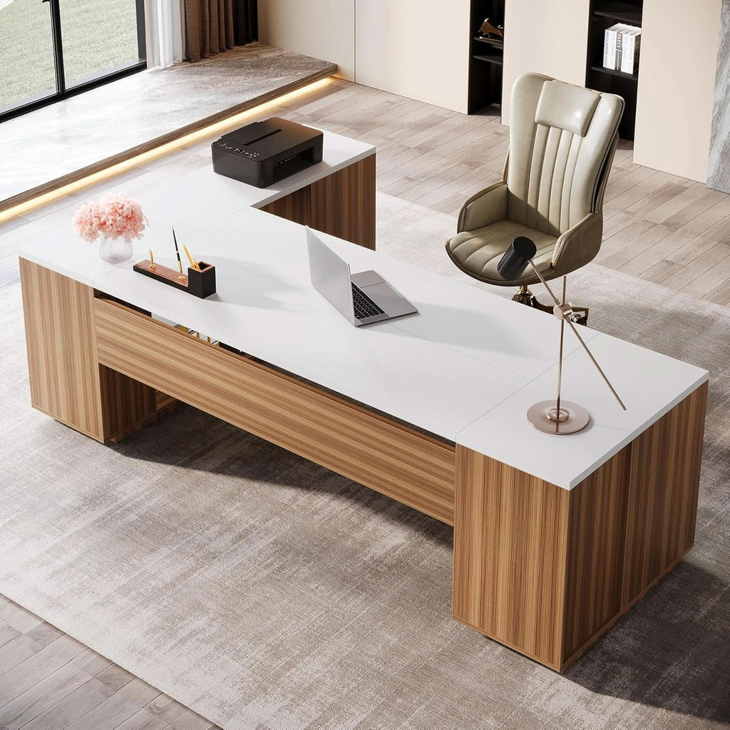 85 Point 8 Inch L-Shaped Executive Desk White Walnut Storage Cabinet ShipItFurniture