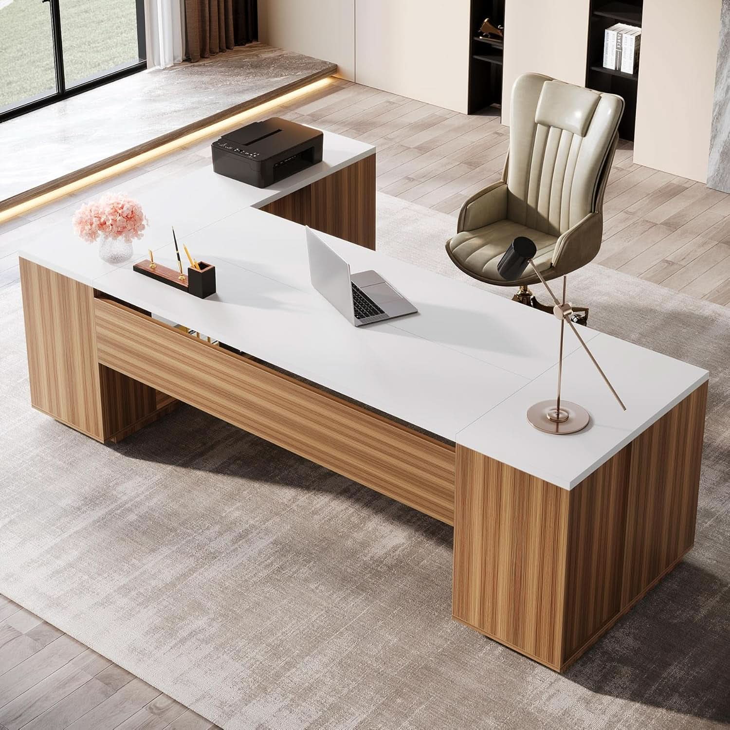 85 Point 8 Inch L-Shaped Executive Desk White Walnut Storage Cabinet ShipItFurniture