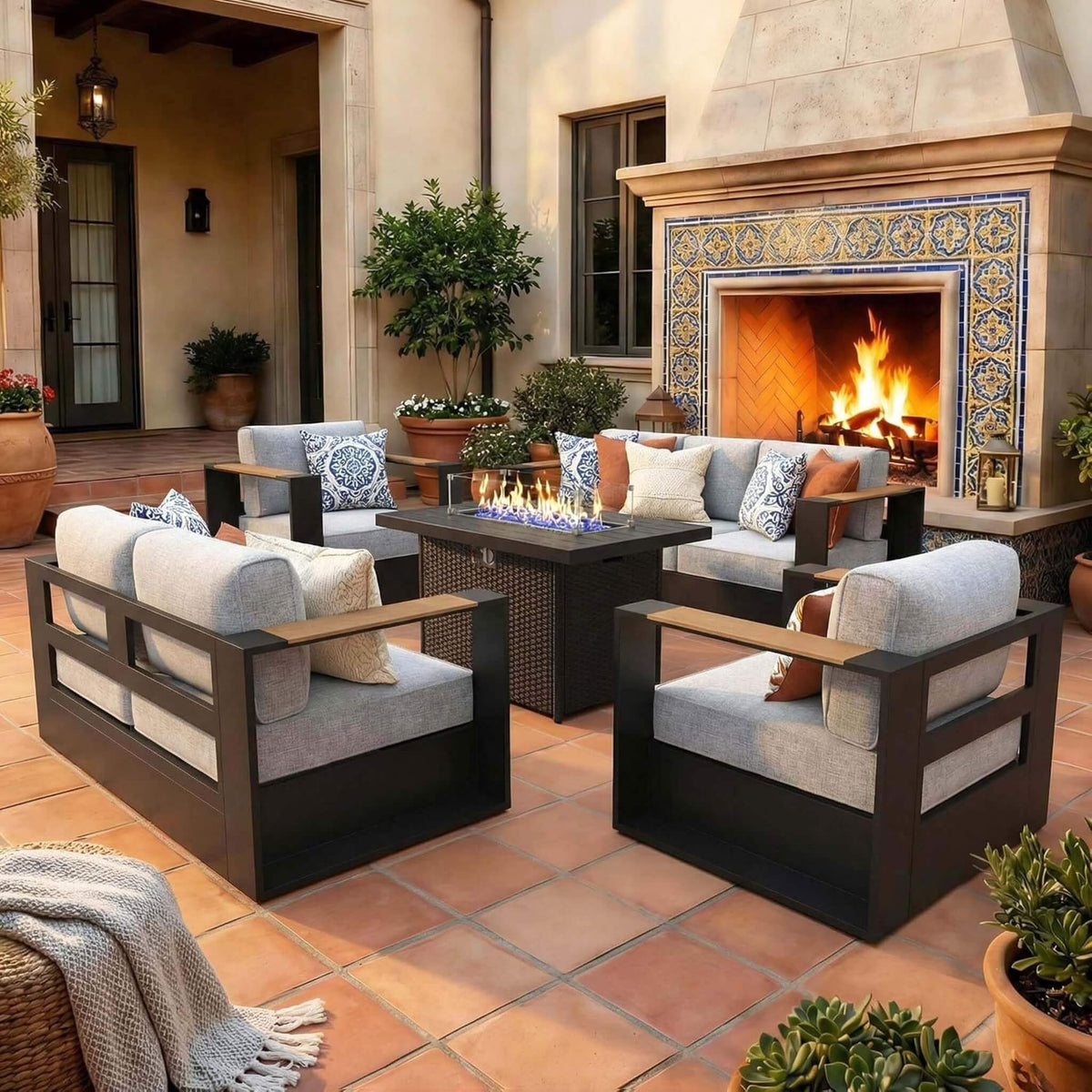 5-Piece Aluminum Patio Furniture Set With 55K BTU Fire Pit Table (SAK61742) SAKSBY WHOLESALE