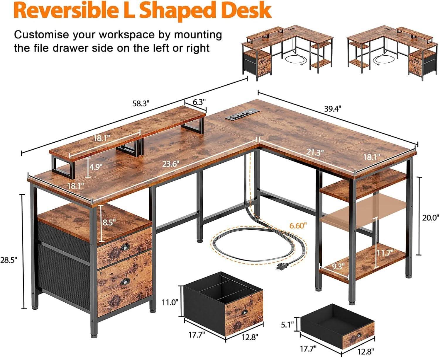 Fifty Nine Inch L Shaped Desk With Power Outlet And Storage Shelves ShipItFurniture
