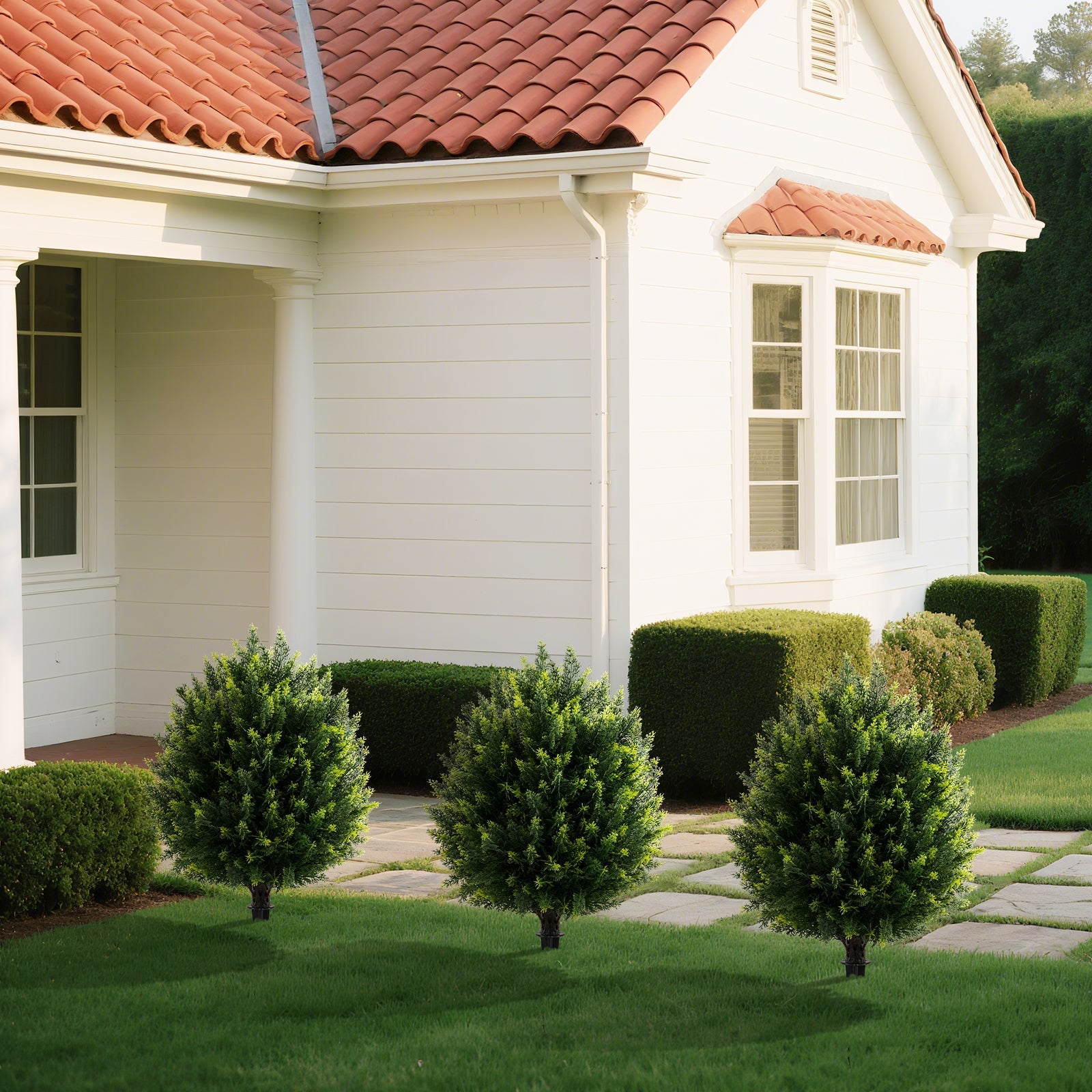 24 Inches Artificial Cypress Topiary Ball Tree Set with Ground Spike-Green DirectDeals