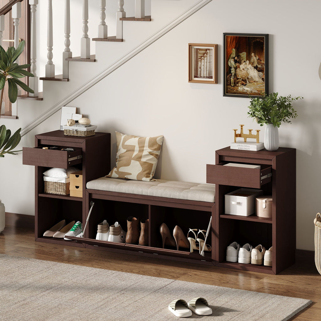 Entryway Storage Bench With Cushion, Drawers & Open Shelves Unique Piece Furniture