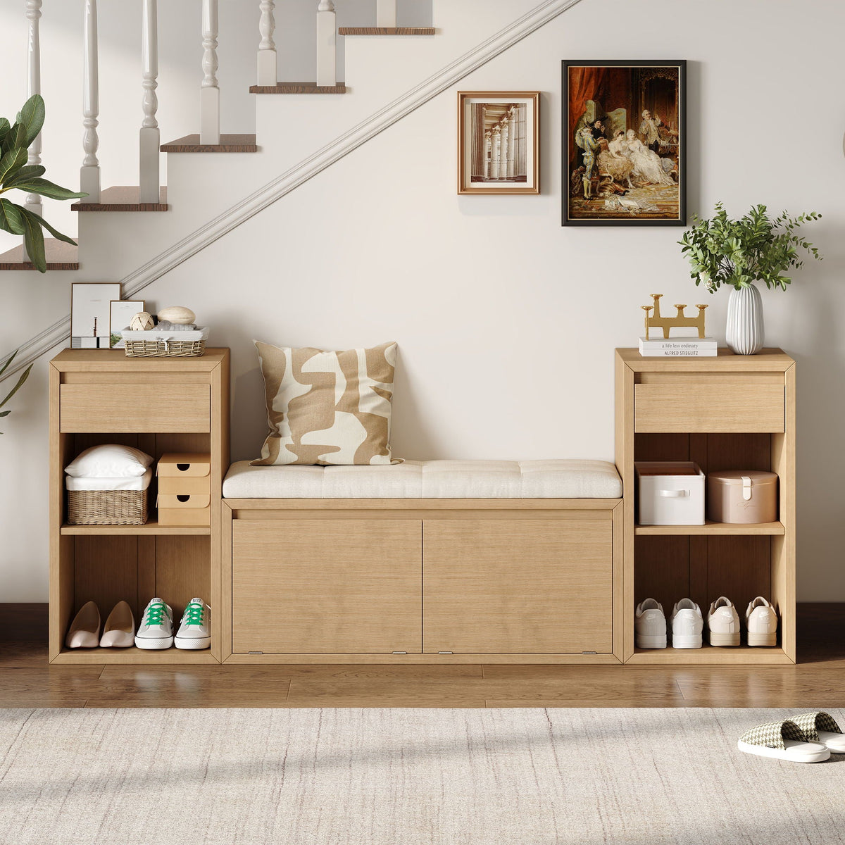 Entryway Storage Bench With Cushion, Drawers & Open Shelves Unique Piece Furniture